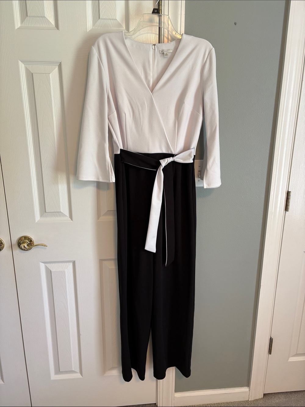 White & Black Wrap-Top Jumpsuit with Tie Belt